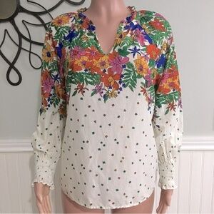 Talbots NWOT Blissful Floral Smocked Cuff Blouse Long Sleeve Ivory size Medium